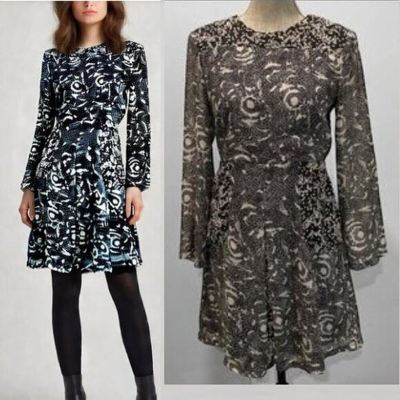 Walter Baker Long sleeve Dress Jessie fit & flare Dress in Black Starburst Print - Picture 1 of 16